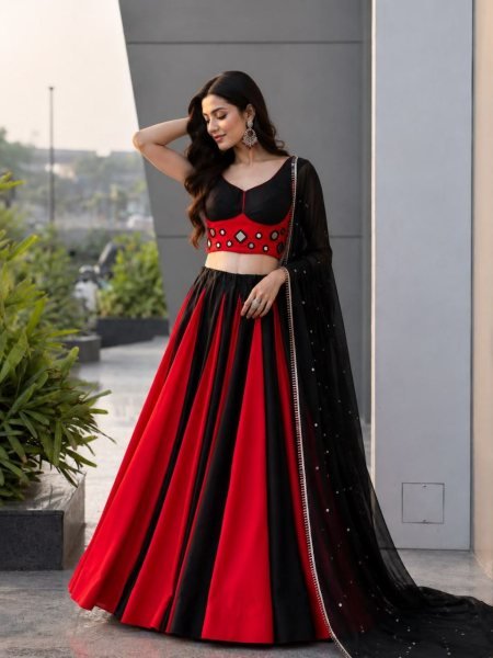 Graceful Black Red Cotton Lehenga Choli with Real Mirror Work Blouse For Navarati Collection Navratri Lehnega Choli