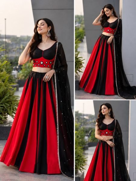Graceful Black Red Cotton Lehenga Choli with Real Mirror Work Blouse For Navarati Collection Navratri Lehnega Choli