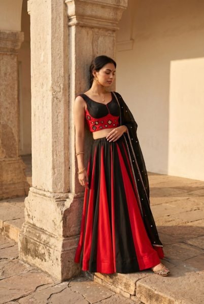 Graceful Black Red Cotton Lehenga Choli with Real Mirror Work Blouse For Navarati Collection Navratri Lehnega Choli