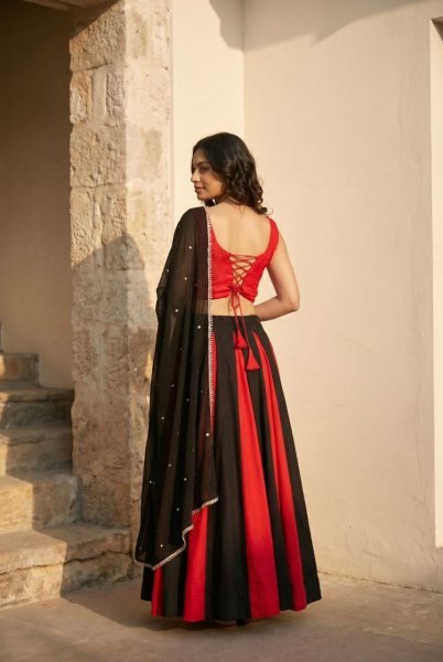 Graceful Black Red Cotton Lehenga Choli with Real Mirror Work Blouse For Navarati Collection Navratri Lehnega Choli