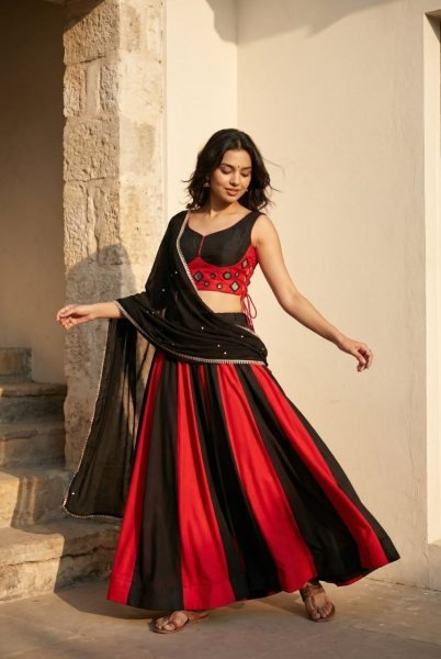 Graceful Black Red Cotton Lehenga Choli with Real Mirror Work Blouse For Navarati Collection Navratri Lehnega Choli