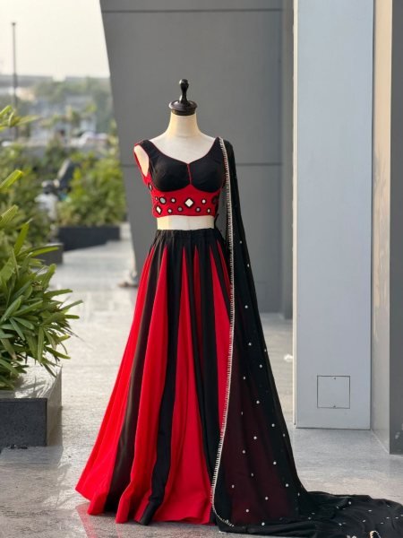 Graceful Black Red Cotton Lehenga Choli with Real Mirror Work Blouse For Navarati Collection Navratri Lehnega Choli