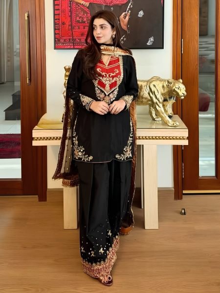 Graceful Black Red Maska Cotton Suit Set with Sequins Soft Net Dupatta For Pakistani Festival Ready To Wear Suit