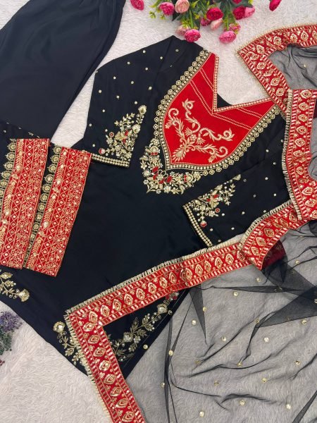 Graceful Black Red Maska Cotton Suit Set with Sequins Soft Net Dupatta For Pakistani Festival Ready To Wear Collection