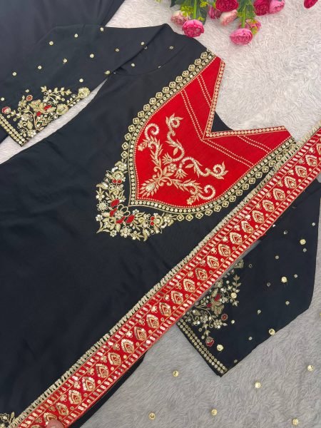 Graceful Black Red Maska Cotton Suit Set with Sequins Soft Net Dupatta For Pakistani Festival Ready To Wear Collection