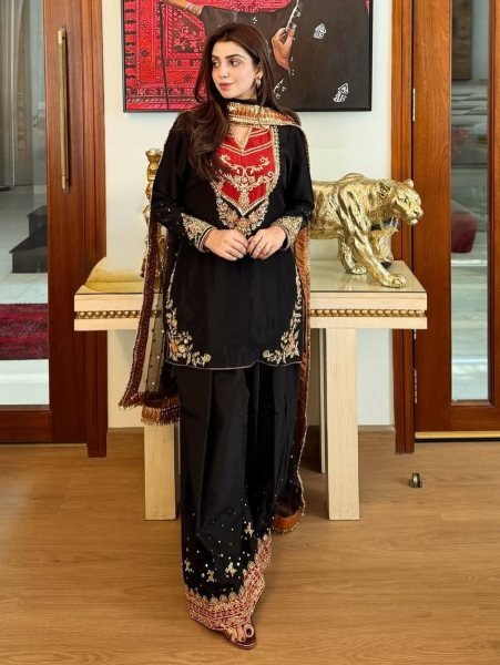 Graceful Black Red Maska Cotton Suit Set with Sequins Soft Net Dupatta For Pakistani Festival Ready To Wear Collection