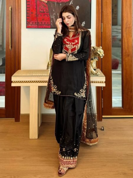 Graceful Black Red Maska Cotton Suit Set with Sequins Soft Net Dupatta For Pakistani Festival Ready To Wear Collection
