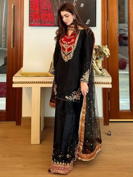 Graceful Black Red Maska Cotton Suit Set with Sequins Soft Net Dupatta For Pakistani Festival Ready To Wear Collection