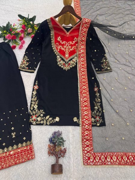Graceful Black Red Maska Cotton Suit Set with Sequins Soft Net Dupatta For Pakistani Festival Ready To Wear Collection