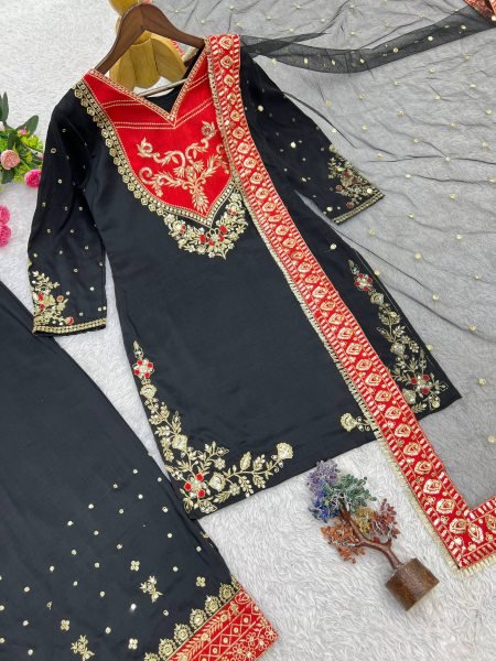 Graceful Black Red Maska Cotton Suit Set with Sequins Soft Net Dupatta For Pakistani Festival Ready To Wear Collection