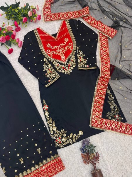 Graceful Black Red Maska Cotton Suit Set with Sequins Soft Net Dupatta For Pakistani Festival Ready To Wear Collection