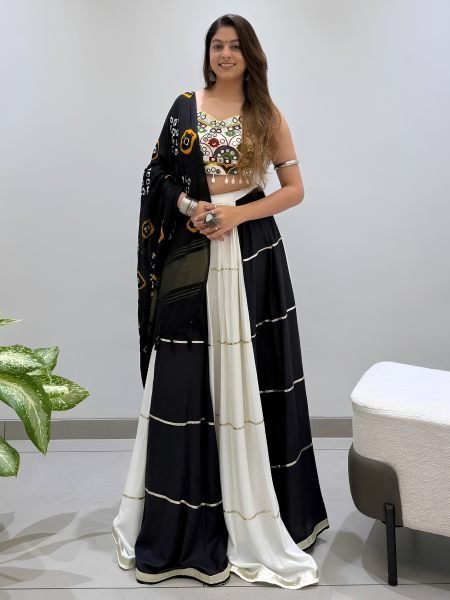 Graceful Black White Designer Rayon Navratri Lehenga Choli with Real Mirror Embroidery  Lehenga