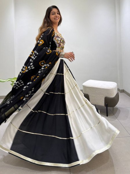 Graceful Black White Designer Rayon Navratri Lehenga Choli with Real Mirror Embroidery Navratri Lehnega Choli