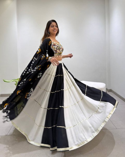 Graceful Black White Designer Rayon Navratri Lehenga Choli with Real Mirror Embroidery Navratri Lehnega Choli