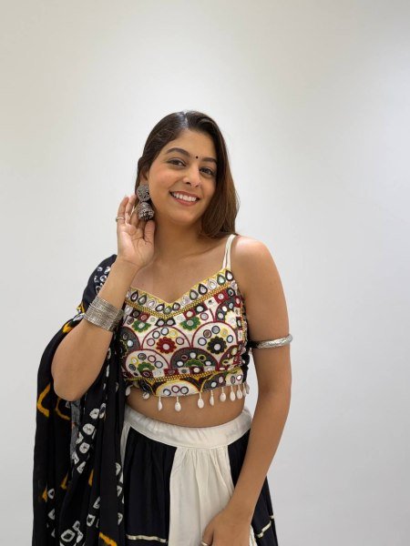 Graceful Black White Designer Rayon Navratri Lehenga Choli with Real Mirror Embroidery Navratri Lehnega Choli