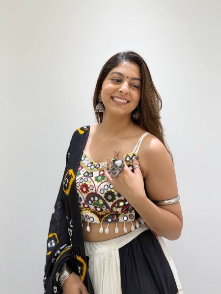 Graceful Black White Designer Rayon Navratri Lehenga Choli with Real Mirror Embroidery Navratri Lehnega Choli