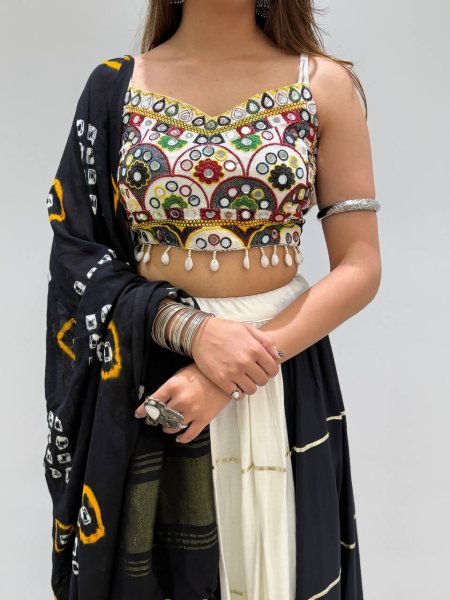 Graceful Black White Designer Rayon Navratri Lehenga Choli with Real Mirror Embroidery Navratri Lehnega Choli