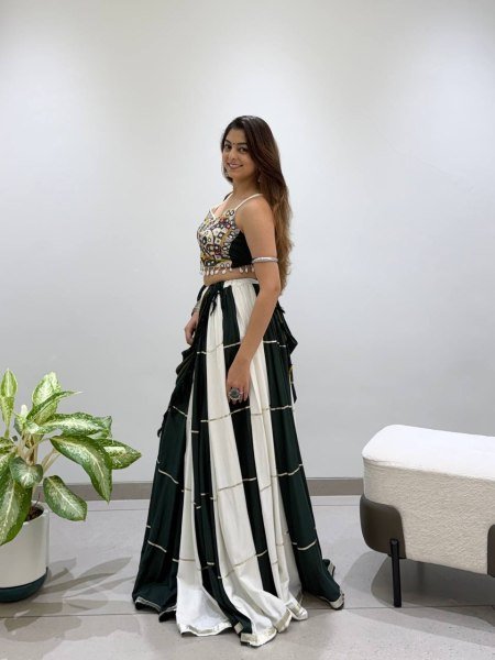 Graceful Black White Designer Rayon Navratri Lehenga Choli with Real Mirror Embroidery Navratri Lehnega Choli