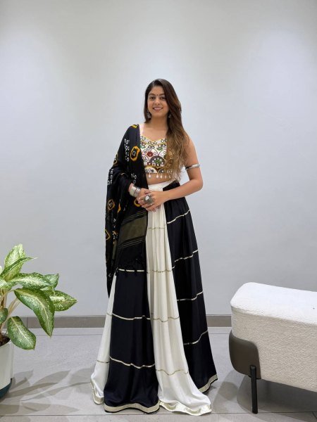 Graceful Black White Designer Rayon Navratri Lehenga Choli with Real Mirror Embroidery Navratri Lehnega Choli