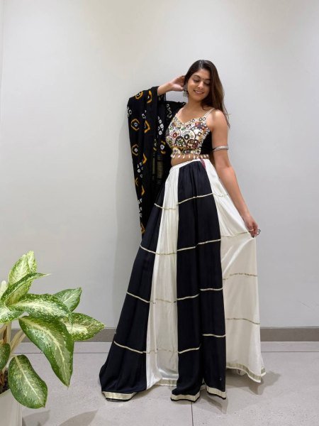 Graceful Black White Designer Rayon Navratri Lehenga Choli with Real Mirror Embroidery Navratri Lehnega Choli