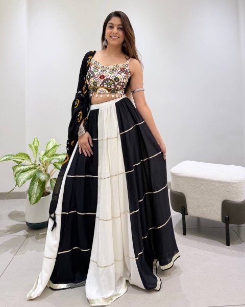 Graceful Black White Designer Rayon Navratri Lehenga Choli with Real Mirror Embroidery Navratri Lehnega Choli