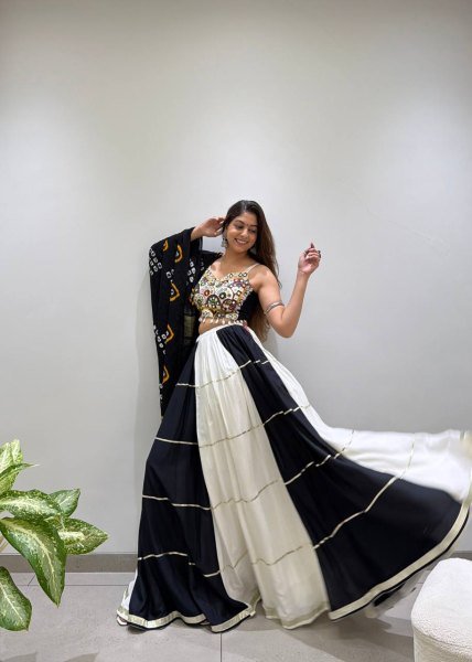 Graceful Black White Designer Rayon Navratri Lehenga Choli with Real Mirror Embroidery Navratri Lehnega Choli