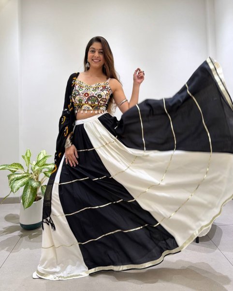 Graceful Black White Designer Rayon Navratri Lehenga Choli with Real Mirror Embroidery Navratri Lehnega Choli