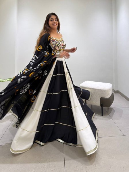 Graceful Black White Designer Rayon Navratri Lehenga Choli with Real Mirror Embroidery Navratri Lehnega Choli
