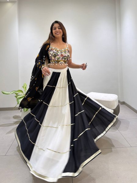Graceful Black White Designer Rayon Navratri Lehenga Choli with Real Mirror Embroidery Navratri Lehnega Choli