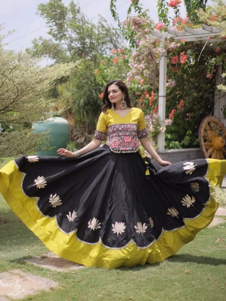 Graceful Black Yellow Roman Fabric Navratri Lehenga Choli with Kutchi Gamthi Work  Lehenga