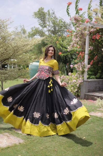 Graceful Black Yellow Roman Fabric Navratri Lehenga Choli with Kutchi Gamthi Work Navratri Lehnega Choli