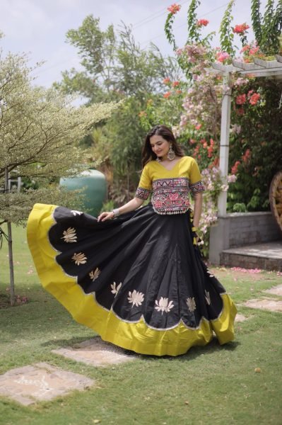 Graceful Black Yellow Roman Fabric Navratri Lehenga Choli with Kutchi Gamthi Work Navratri Lehnega Choli