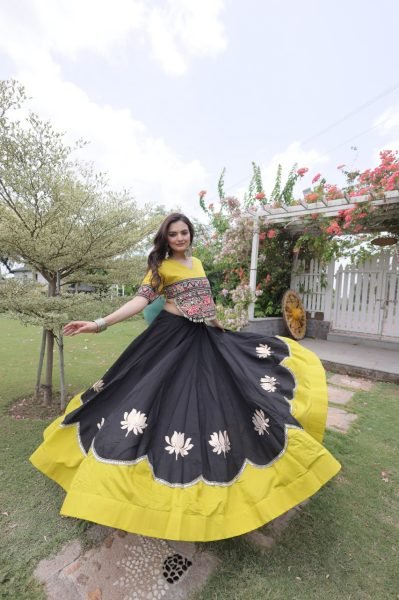 Graceful Black Yellow Roman Fabric Navratri Lehenga Choli with Kutchi Gamthi Work Navratri Lehnega Choli