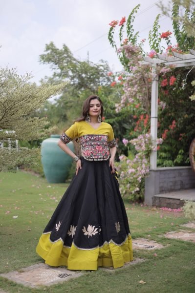 Graceful Black Yellow Roman Fabric Navratri Lehenga Choli with Kutchi Gamthi Work Navratri Lehnega Choli