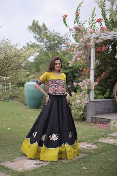 Graceful Black Yellow Roman Fabric Navratri Lehenga Choli with Kutchi Gamthi Work Navratri Lehnega Choli