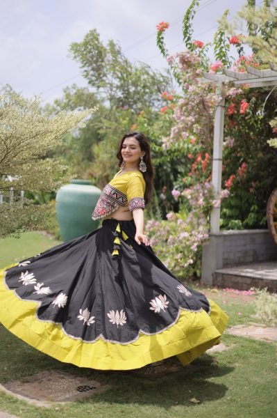 Graceful Black Yellow Roman Fabric Navratri Lehenga Choli with Kutchi Gamthi Work Navratri Lehnega Choli
