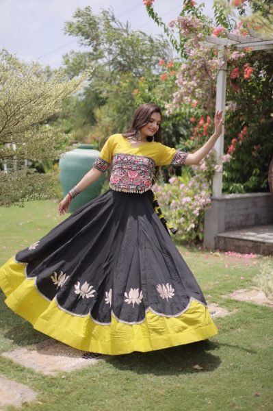 Graceful Black Yellow Roman Fabric Navratri Lehenga Choli with Kutchi Gamthi Work Navratri Lehnega Choli