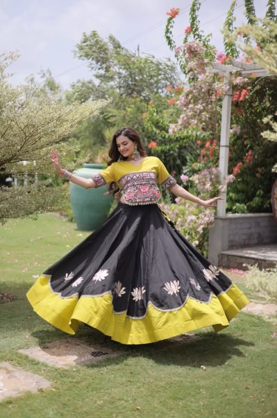 Graceful Black Yellow Roman Fabric Navratri Lehenga Choli with Kutchi Gamthi Work Navratri Lehnega Choli