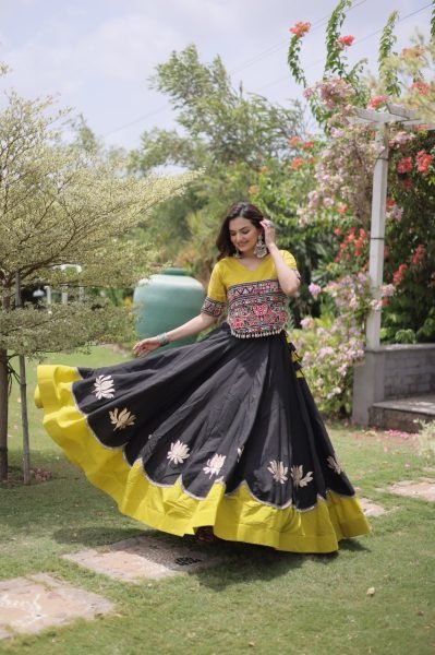 Graceful Black Yellow Roman Fabric Navratri Lehenga Choli with Kutchi Gamthi Work Navratri Lehnega Choli
