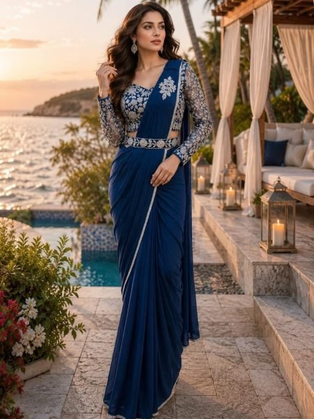 Graceful Blue Color Imported Lycra Saree with Beads Work Blouse For Reseller 