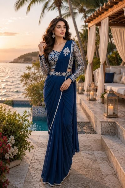 Graceful Blue Color Imported Lycra Saree with Beads Work Blouse For Reseller Ready To Wear Saree 