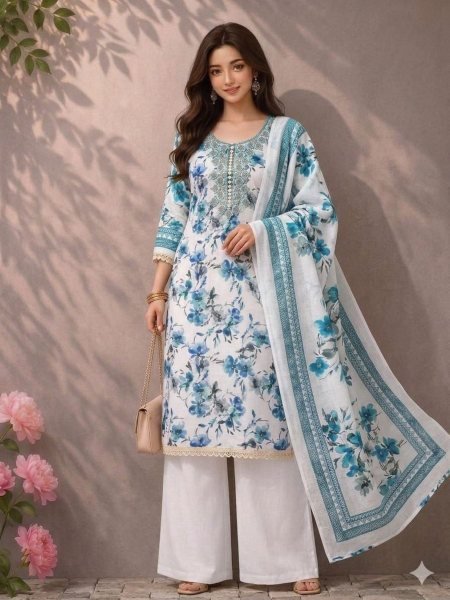 Graceful Blue Festive Collection Lilan Cotton Printed Suit Material with Matching Dupatta Punjabi Dress Materials Wholesale