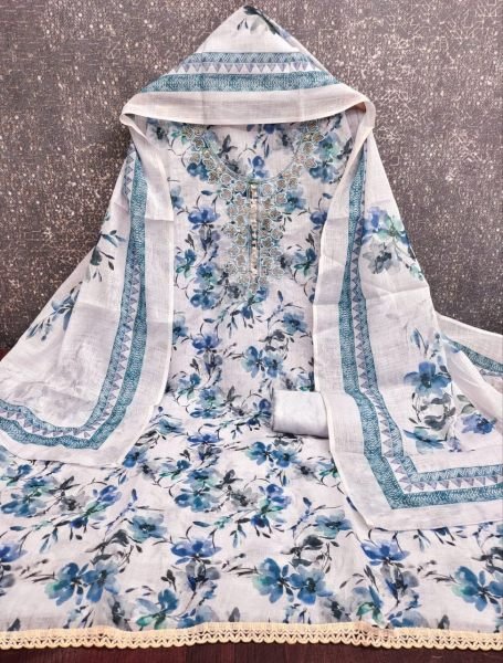 Graceful Blue Festive Collection Lilan Cotton Printed Suit Material with Matching Dupatta Punjabi Dress Materials Wholesale