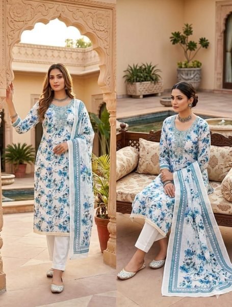 Graceful Blue Festive Collection Lilan Cotton Printed Suit Material with Matching Dupatta Punjabi Dress Materials Wholesale
