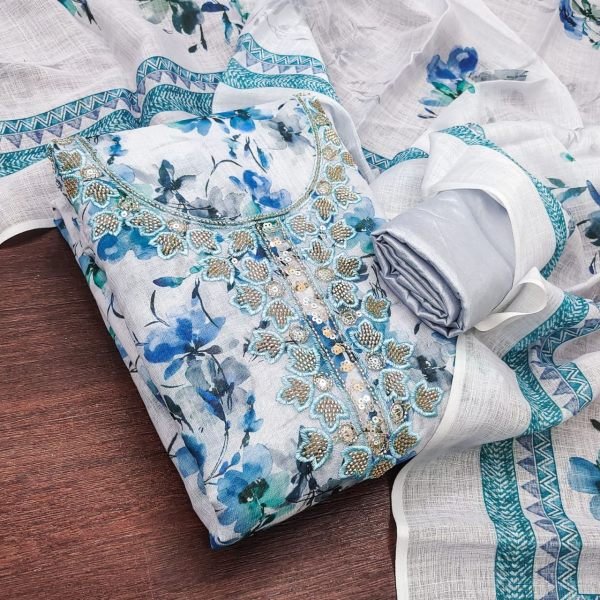 Graceful Blue Festive Collection Lilan Cotton Printed Suit Material with Matching Dupatta Punjabi Dress Materials Wholesale