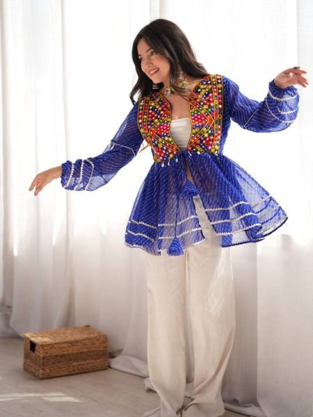 Graceful Blue Rayon Navratri Gown with Gamthi Thread Embroidery  Work 