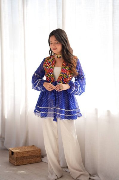Graceful Blue Rayon Navratri Gown with Gamthi Thread Embroidery  Work Tunics kurti