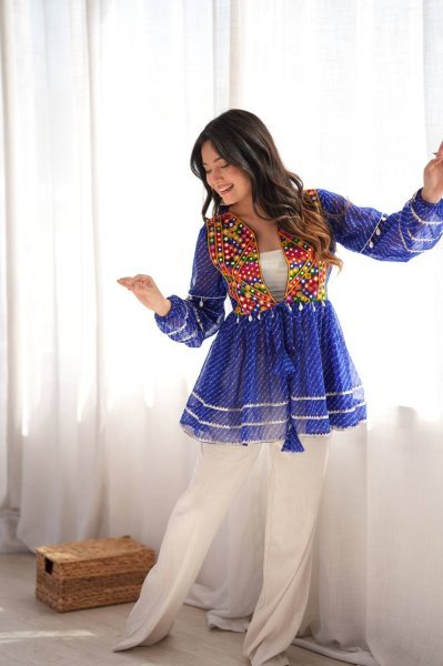 Graceful Blue Rayon Navratri Gown with Gamthi Thread Embroidery  Work Tunics kurti