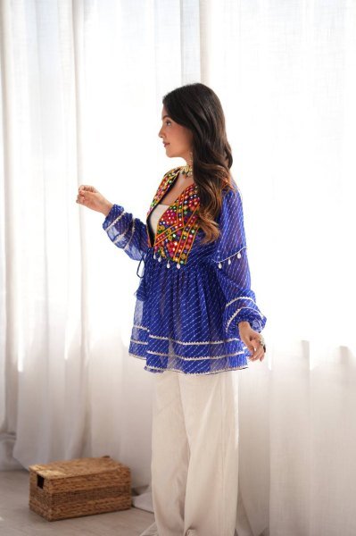 Graceful Blue Rayon Navratri Gown with Gamthi Thread Embroidery  Work Tunics kurti