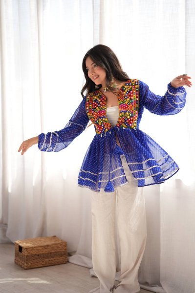 Graceful Blue Rayon Navratri Gown with Gamthi Thread Embroidery  Work Tunics kurti